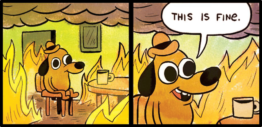 A dog sitting in front of a fire, from KC Green